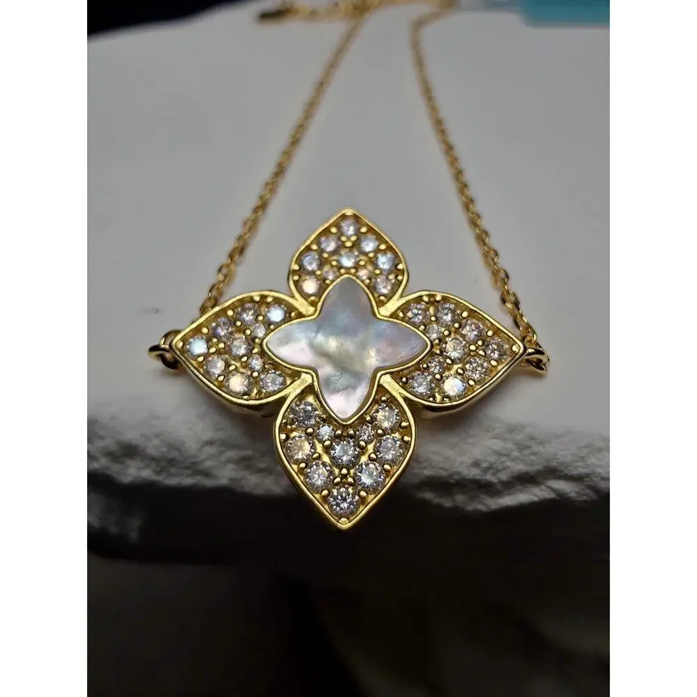 1.08 CTW Moissanite & Mother of Pearl Floral Bracelet in Gold Over Silver